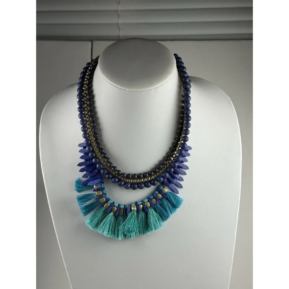 Stella & Dot Tresse Statement Necklace Faux Lapis Faux Turquoise Blue Fringe 16